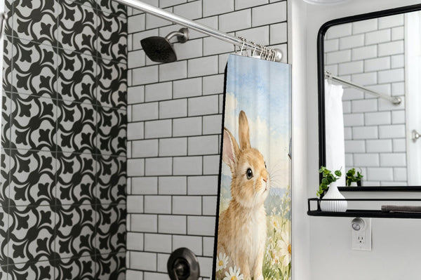 Daisy Meadow Bunny shower curtain in a modern farmhouse bathroom with subway tile