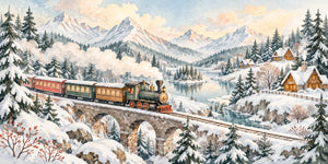 Watercolor Winter Train Wall Mural, image 3