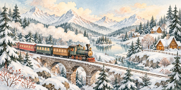 Watercolor Winter Train Wall Mural, image 3