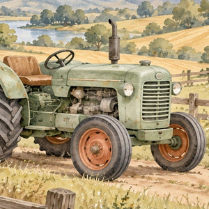 Farm Tractor shower curtain, close up of the watercolor artwork
