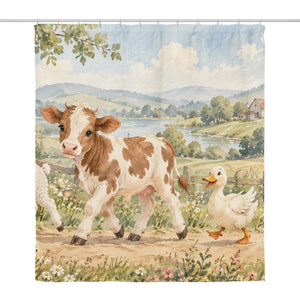Farm Parade shower curtain, full front view of the 71 x 74 in fabric curtain