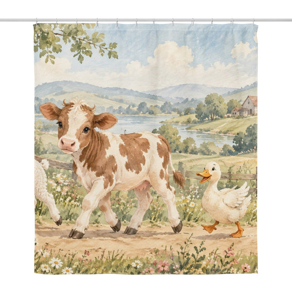 Farm Parade shower curtain, full front view of the 71 x 74 in fabric curtain