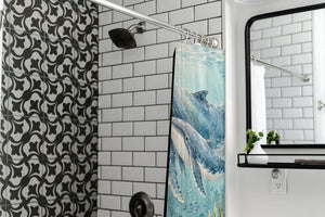 Whale Family Ocean shower curtain in a modern farmhouse bathroom with subway tile