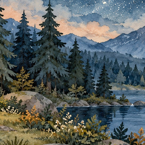 Starry Tent Camping shower curtain, close up of the watercolor artwork