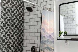 Lavender Peaks Rainbow shower curtain in a modern farmhouse bathroom with subway tile
