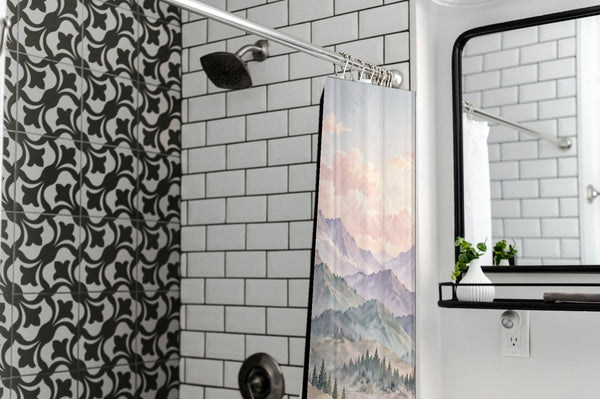Lavender Peaks Rainbow shower curtain in a modern farmhouse bathroom with subway tile