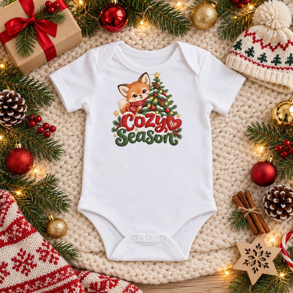 Cozy Season organic cotton baby bodysuit in white, Christmas flat lay