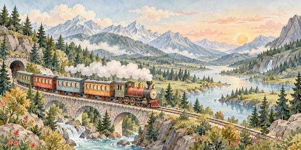Watercolor Panoramic Train Journey Wall Mural, image 3