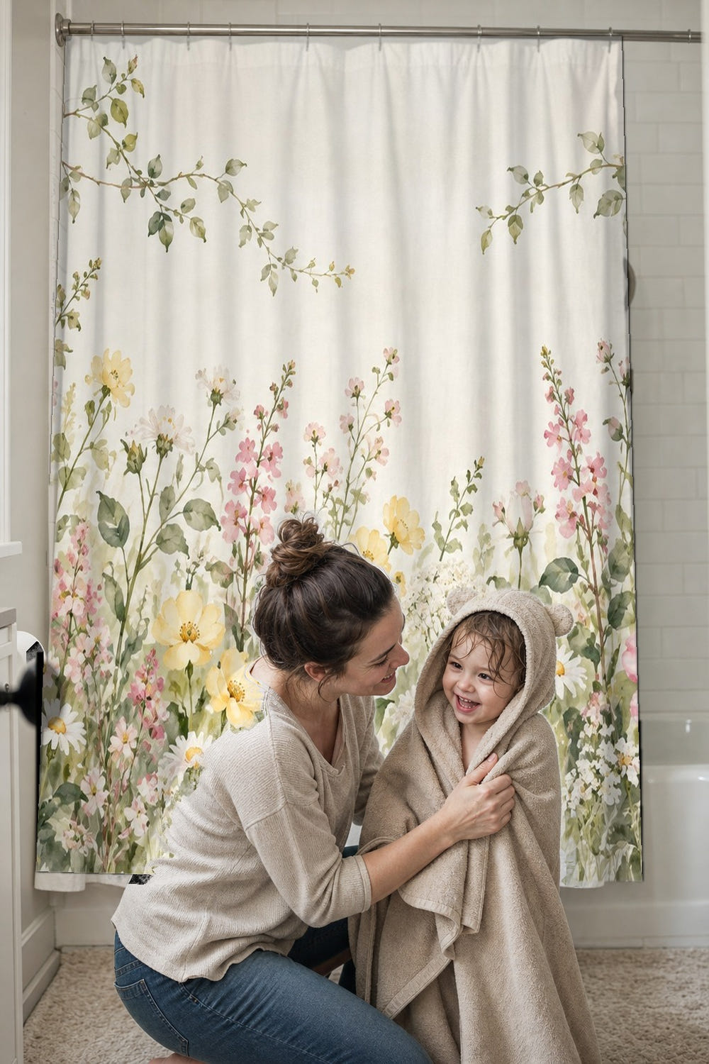 Climbing Rose Garden shower curtain, full front view of the 71 x 74 in fabric curtain