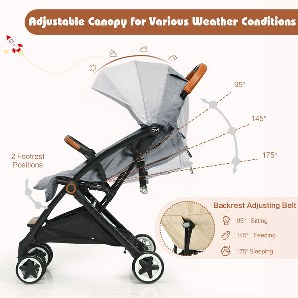 Lightweight aluminium frame baby stroller with net, angled view, perfect for travel and outdoor use.