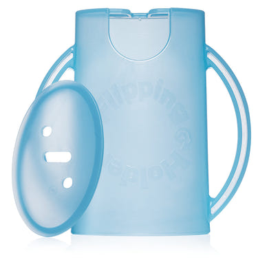 Flipping Holder DELUXE with lid in blue for baby and toddler tableware.