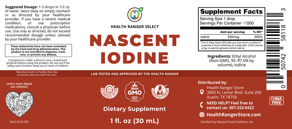 Health Ranger's Nascent Iodine 1 fl oz (30ml) - 2% Strength (Cap - For Long Term Storage)
