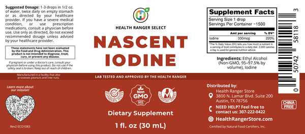 Health Ranger's Nascent Iodine 1 fl oz (30ml) - 2% Strength (Cap - For Long Term Storage)