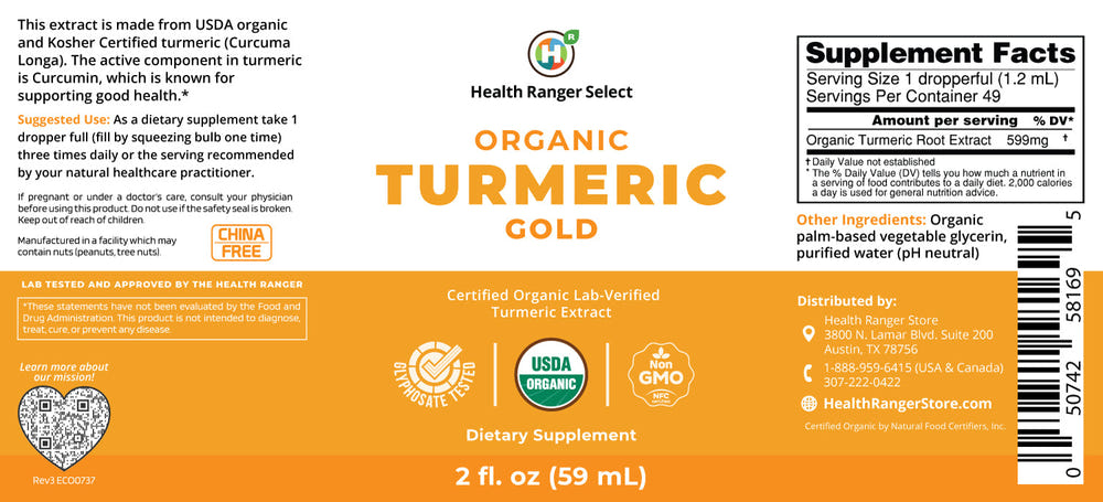 Health Ranger's Organic Turmeric Gold liquid extract 2 fl. oz. - Superfood for health and wellness.