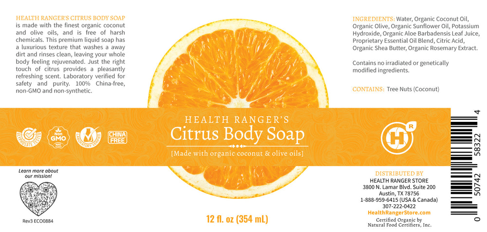 Health Ranger's Citrus Body Soap 12oz - Natural cleansing for healthy skin, refreshing citrus scent, main product image.