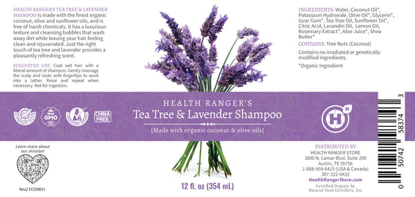 Health Ranger's Tea Tree and Lavender Shampoo 12 oz bottle at angle 2, ideal for gentle baby care and soothing scalp.