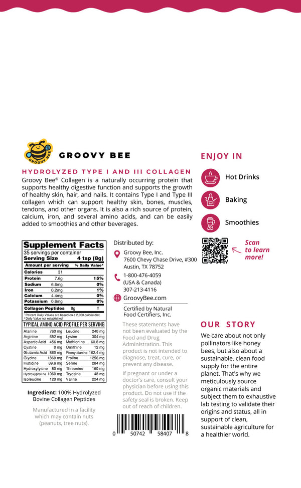Groovy Bee® Collagen Peptides - Hydrolyzed Type I and III Collagen 10oz (283g)