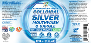 Colloidal Silver Mouthwash & Gargle with Iodine and Zinc, 12oz bottle for effective dental care.
