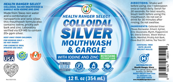 Colloidal Silver Mouthwash & Gargle with Iodine and Zinc, 12oz bottle for effective dental care.