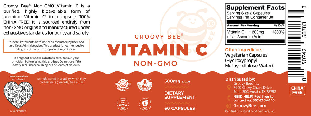 Non-GMO Vitamin C 600mg capsules, 60 count, dietary supplement for immune support.