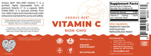 Non-GMO Vitamin C 600mg capsules, 60 count, dietary supplement for immune support, shown from angle 2.