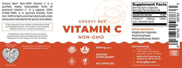 Non-GMO Vitamin C 600mg capsules, 60 count, dietary supplement for immune support, shown from angle 2.