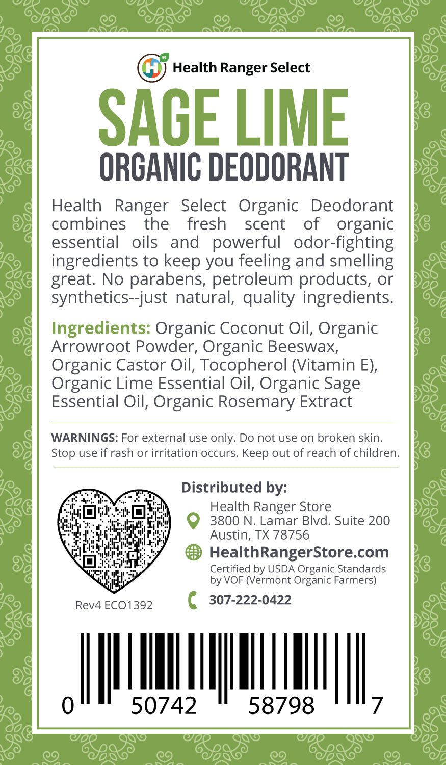 Health Ranger Store Organic Sage Lime Deodorant 3 oz (90 g)