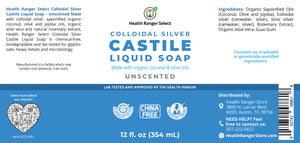 Unscented Colloidal Silver Castile Liquid Soap 12 oz for babies, personal care, gentle and safe for sensitive skin.