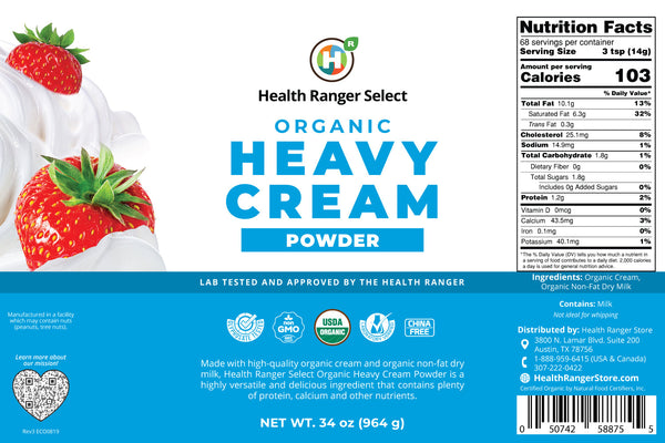 Organic Heavy Cream Powder 34oz #10 Can, 2-Pack - Storable Organics, Angle 3 view.
