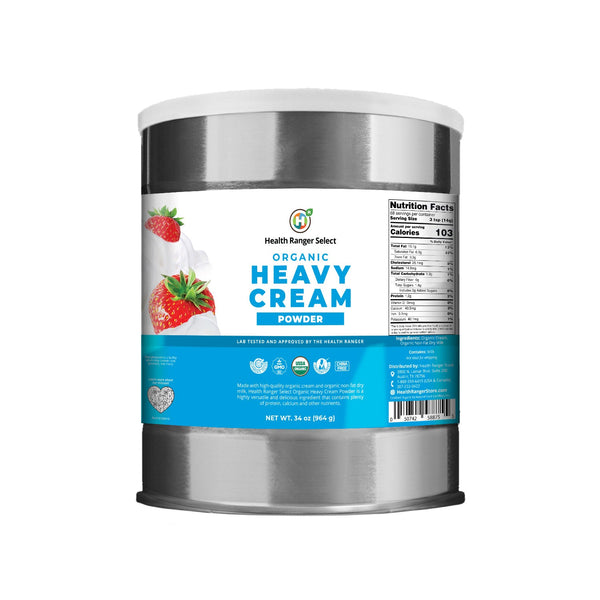 Organic Heavy Cream Powder 34oz #10 Can 2-Pack, storable organics, angle view. Perfect for cooking and baking.