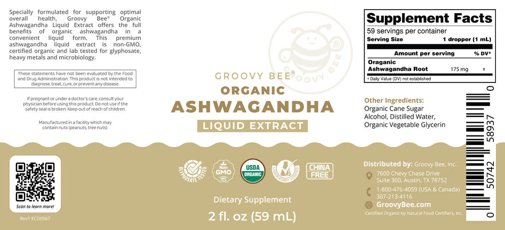 Organic Ashwagandha Liquid Extract 2 fl. oz - Natural supplement for stress relief and wellness support.
