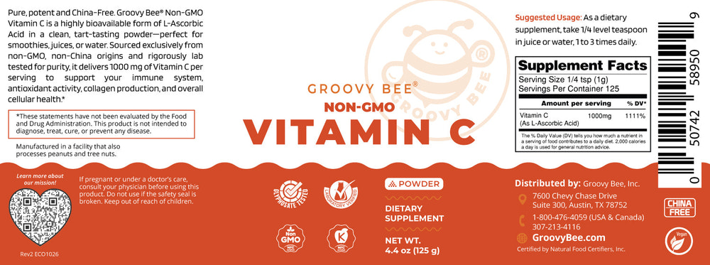 Non-GMO Vitamin C Powder 4.4 oz for babies - Multivitamin supplement for immune support and overall health.