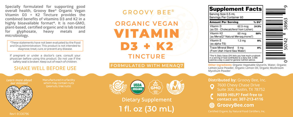 Organic Vegan Vitamin D3 + K2 Tincture 1 fl. oz, formulated with MenaQ7, ideal supplement for babies.