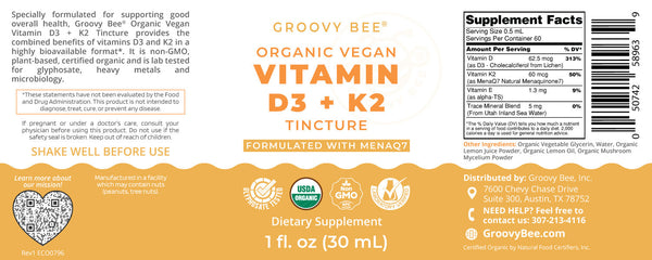 Organic Vegan Vitamin D3 + K2 Tincture (Formulated with MenaQ7) 1 fl. oz (30 ml)