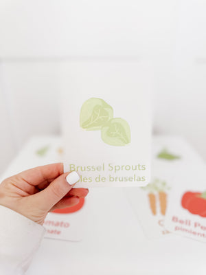 "Colorful vegetable flashcards for babies, displayed at a 20-degree angle, promoting early learning and fun."