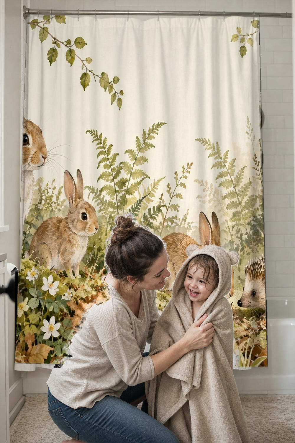 Bunny and Hedgehog shower curtain, full front view of the 71 x 74 in fabric curtain