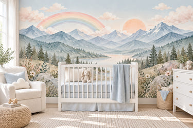 Watercolor Alpine Lake Rainbow Wall Mural, image 1