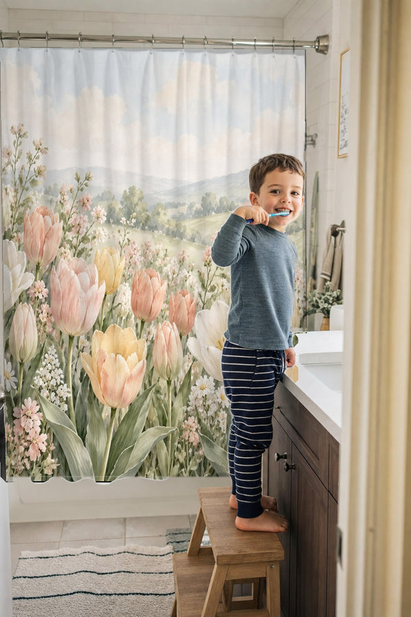 Child brushing teeth in a family bathroom with the Pastel Tulip Field shower curtain
