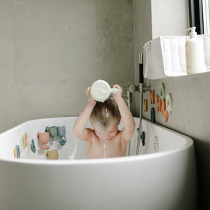 Mushie Pour and Play Bath Set silicone suction pour cups muted colors