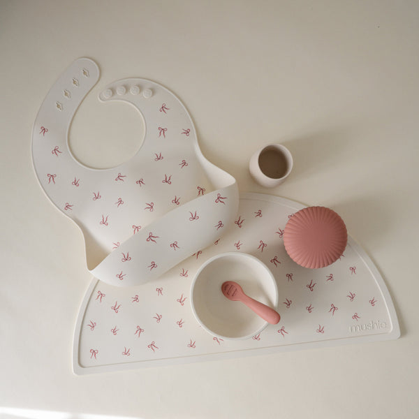 Mushie Silicone Baby Bib Adjustable Neck Strap Deep Pocket