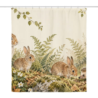 Bunny and Hedgehog shower curtain, full front view of the 71 x 74 in fabric curtain