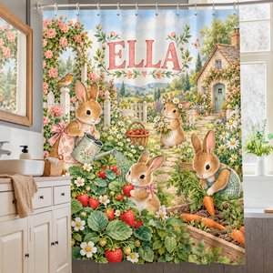 Bunny Garden personalized kids shower curtain over a bathtub