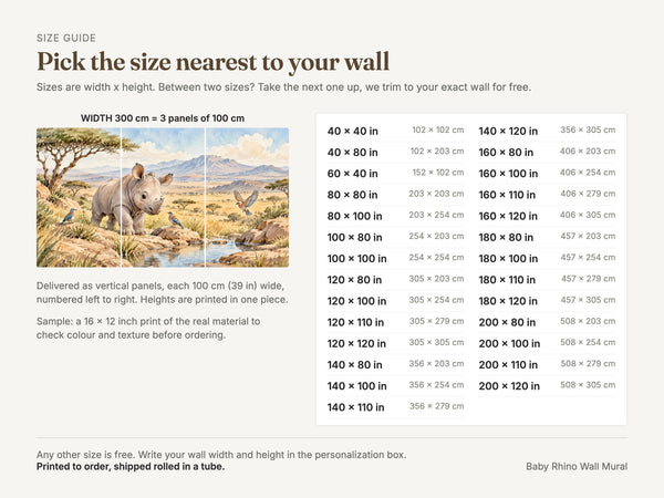 Watercolor Baby Rhino Safari Wall Mural, image 5