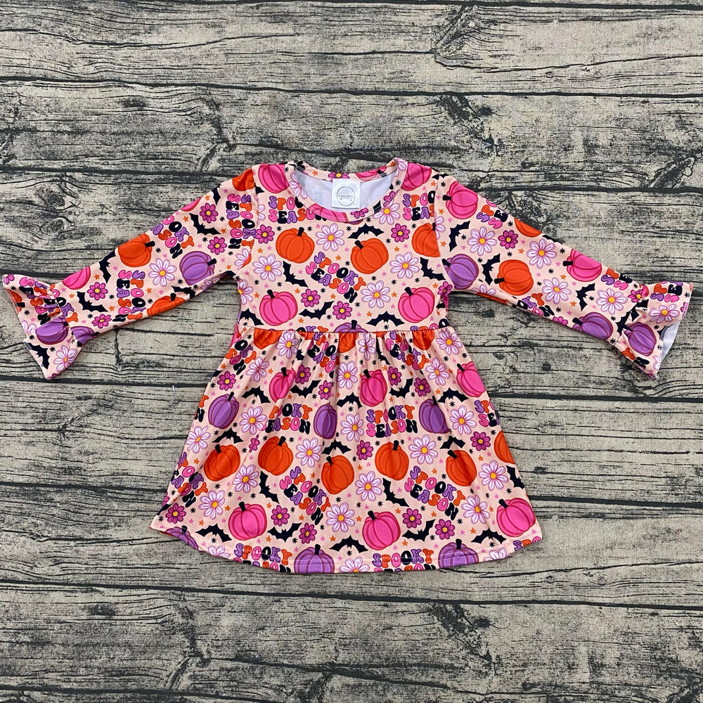 Spooky Season bell sleeve dress for babies, perfect for Halloween festivities and fall celebrations.