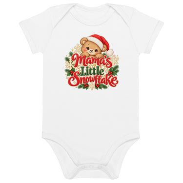 Mama's Little Snowflake organic cotton baby bodysuit in white, front view