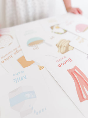 Colorful breakfast flashcards for babies, promoting early learning and sensory play at an 18-degree angle.