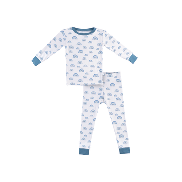 Blue rainbow bamboo pajamas for toddlers and kids, soft and eco-friendly sleepwear.