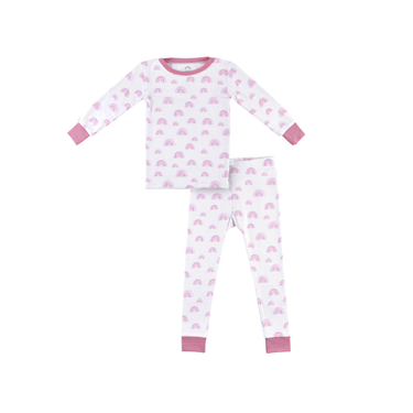 Pink rainbow bamboo pajamas for toddlers and kids, soft and eco-friendly sleepwear.