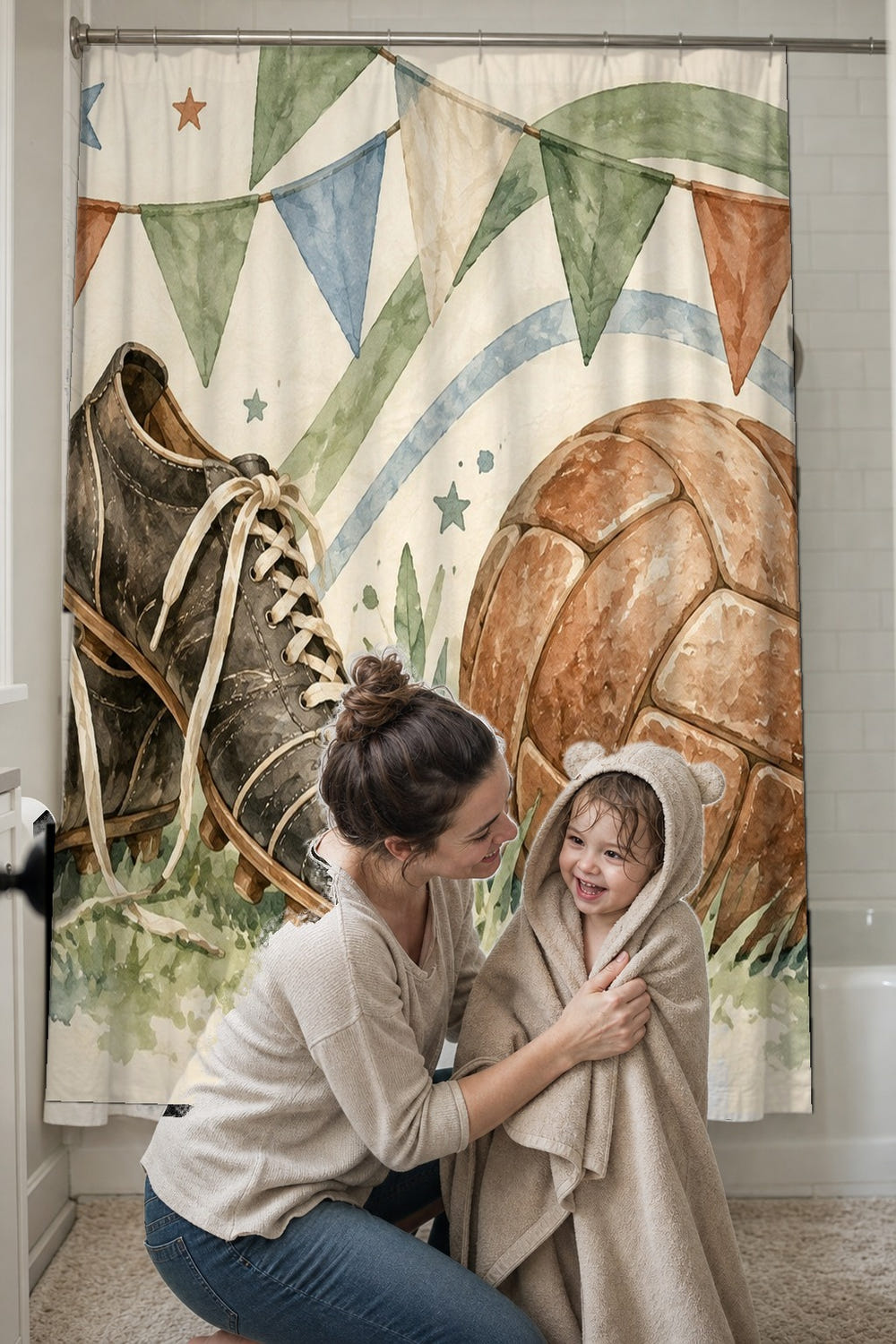 Vintage Soccer Gear shower curtain, full front view of the 71 x 74 in fabric curtain