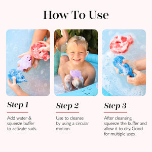 Assorted sea animal body wash infused buffers in vibrant colors, perfect for gentle cleansing and fun bath time.